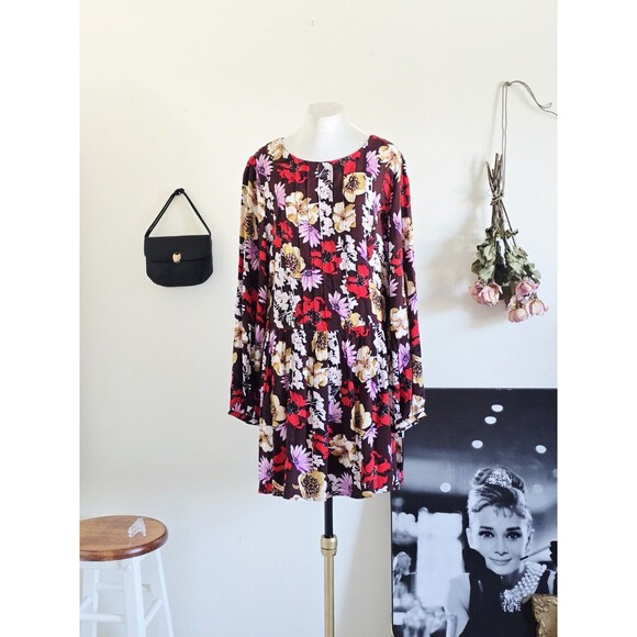 hinge Dresses & Skirts - Hinge Colorful Earth Tone Floral Rayon Long Sleeve Mini Dress M